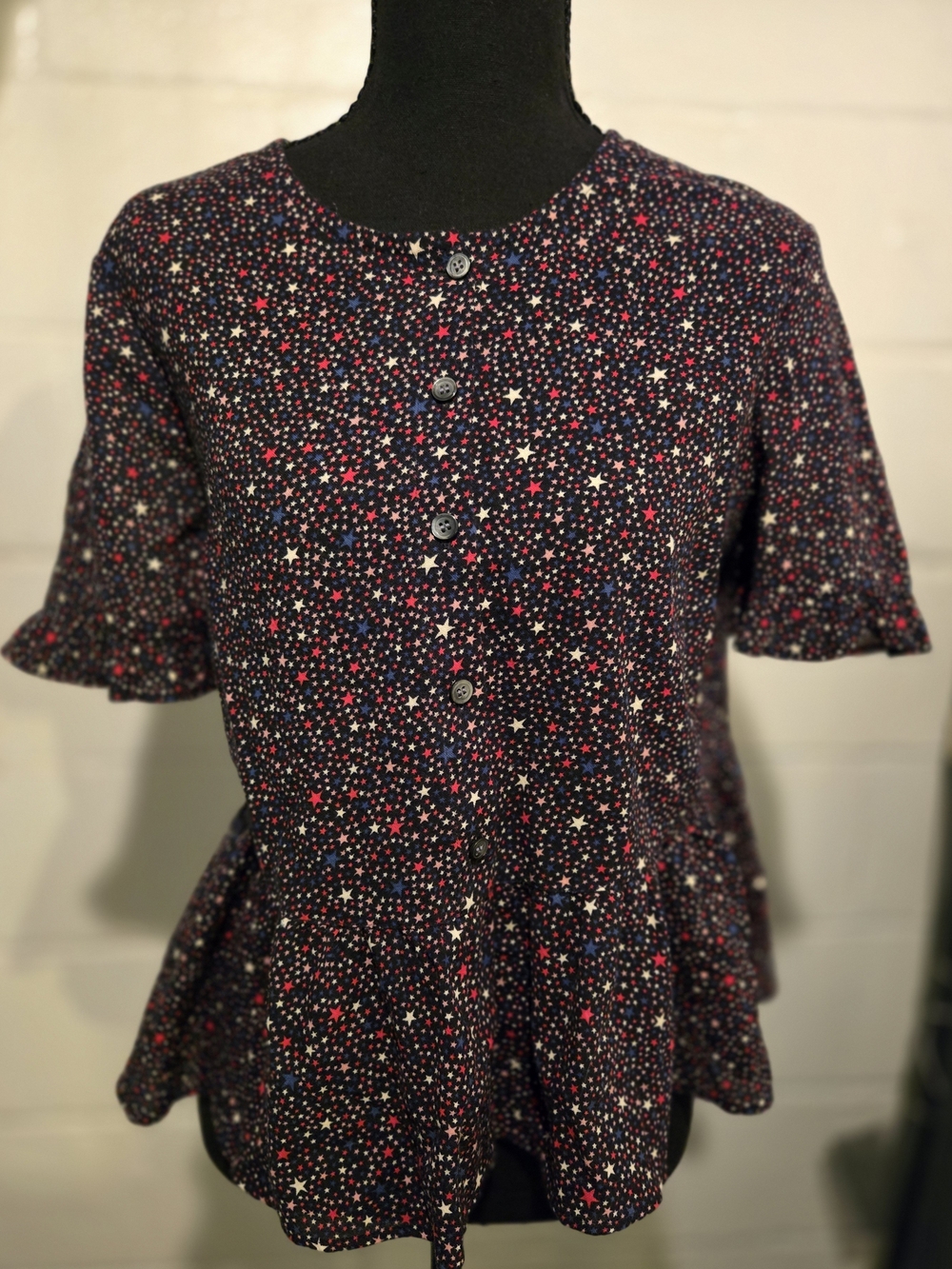 Madewell Navy Star-Print Peplum Button-Front Top. EUC